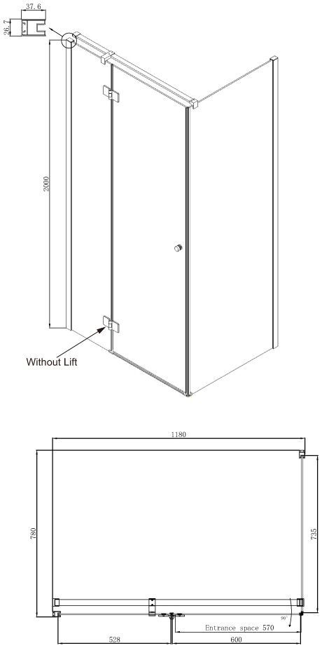 Прямоугольное душевое ограждение с распашной дверью Ambassador Diamond 12011104L