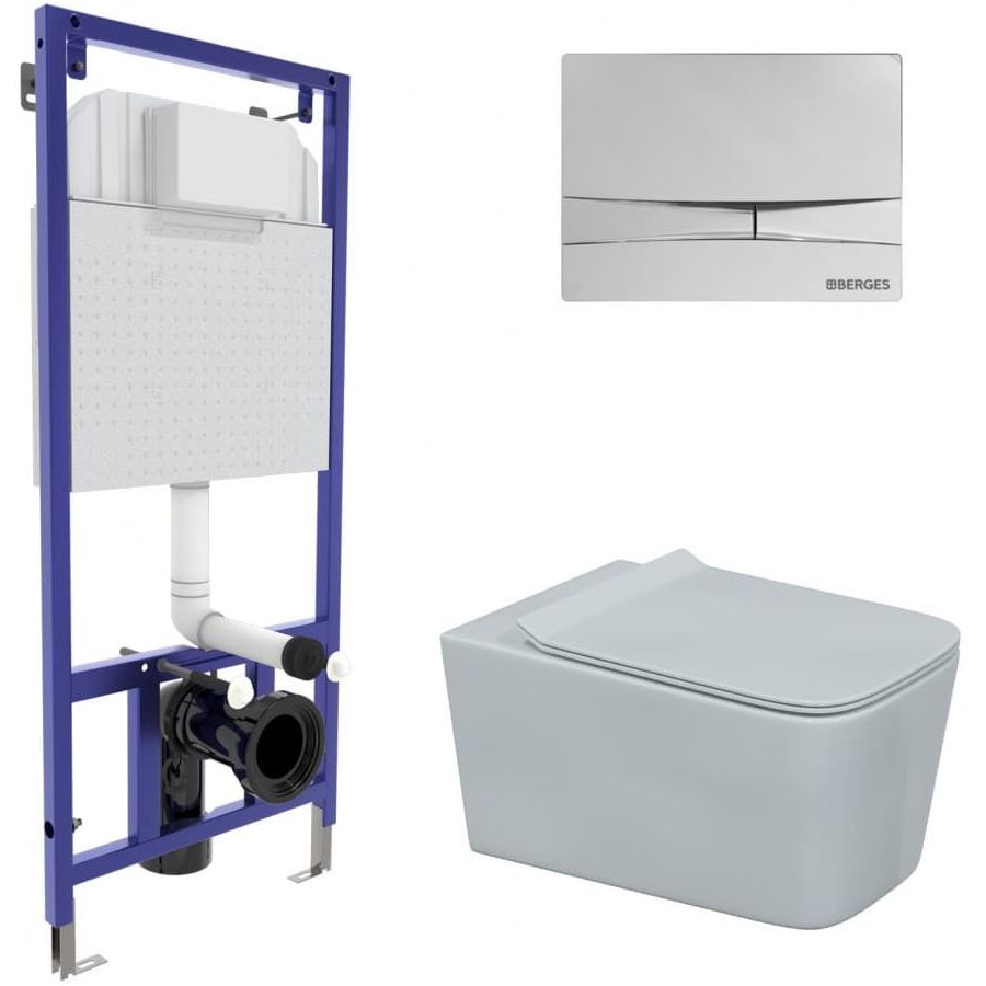 Комплект Berges Novum, кнопка F3 хром глянец, унитаз Floe Rimless, сиденье Floe Slim, 043223