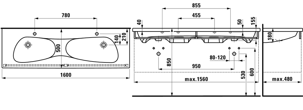 Раковина двойная Laufen Palomba 160x50, 8.1480.9.000.104.1