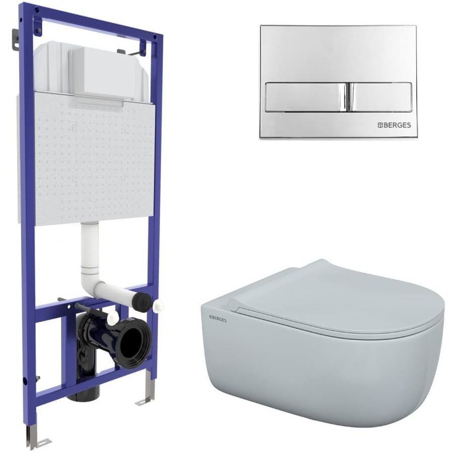 Комплект Berges Novum, кнопка L3 хром глянец, унитаз Ego XL Rimless, сиденье Toma Slim, 043203
