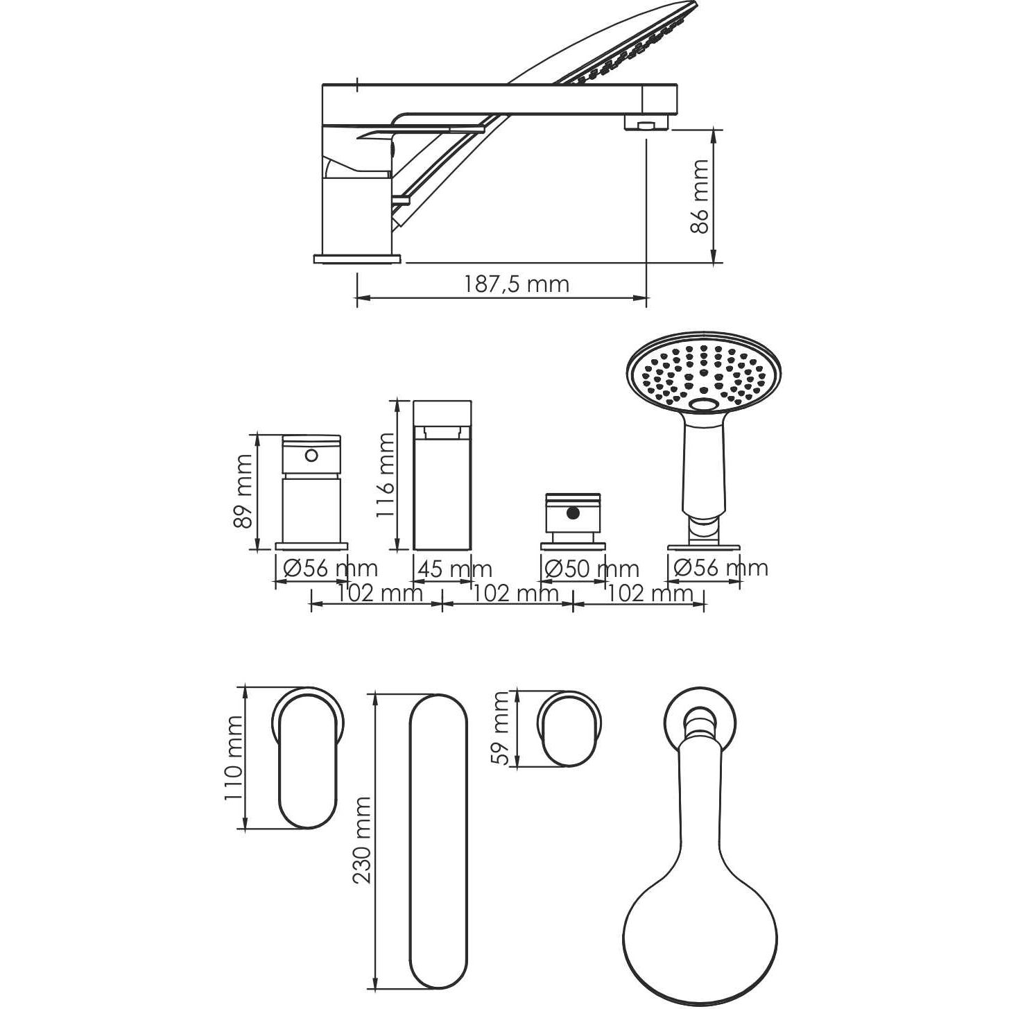 Смеситель на борт ванны, 4 отверстия WasserKRAFT Elbe, 7455