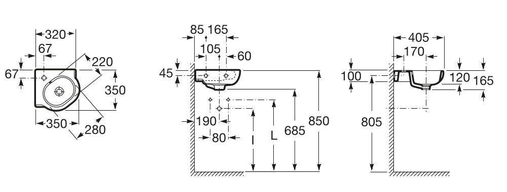 Умывальник Roca N-Meridian 35x35 угловой, A32724C000