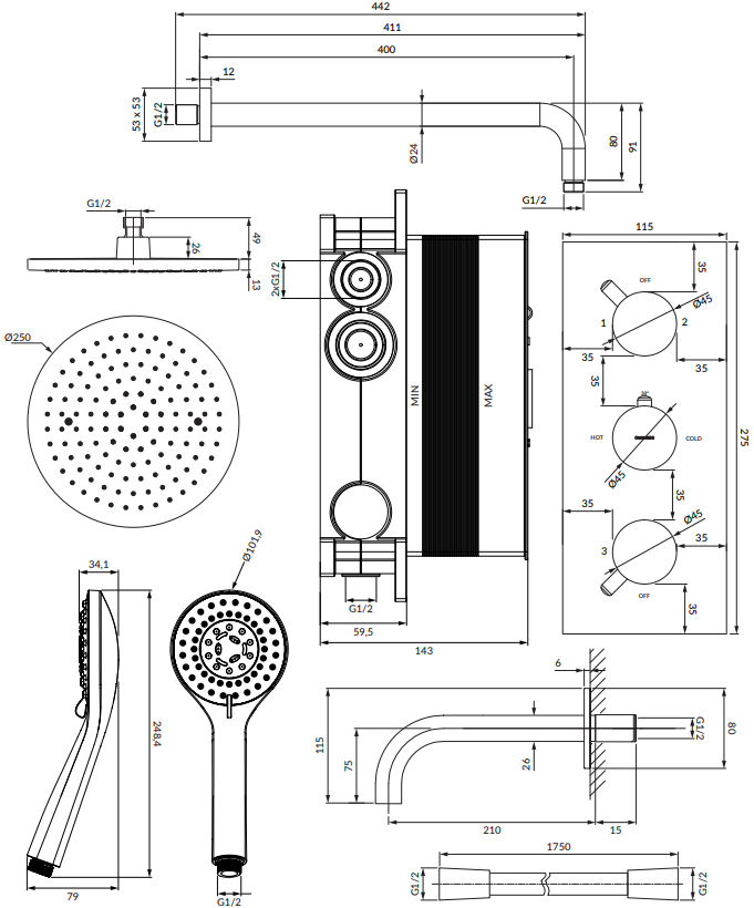 Душевая система для ванны скрытого монтажа Omnires Y, SYSYS02XCR