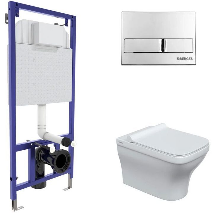 Комплект Berges Novum, кнопка L3 хром глянец, унитаз Strati Rimless, сиденье Strati Slim, 042448