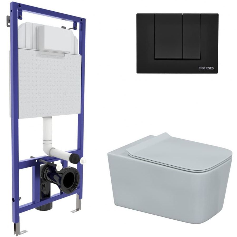 Комплект Berges Novum, кнопка S5 Soft Touch черная, унитаз Floe Rimless, сиденье Floe Slim, 043230