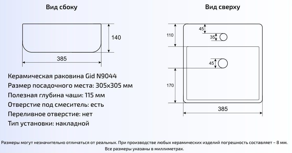 Умывальник Gid N9044 38.5x38.5, 51165