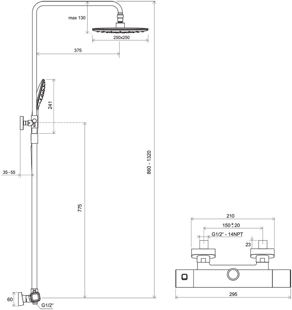 Душевая стойка с термостатическим смесителем и ручным душем Ravak TD F 091.20/150 черный, X070160