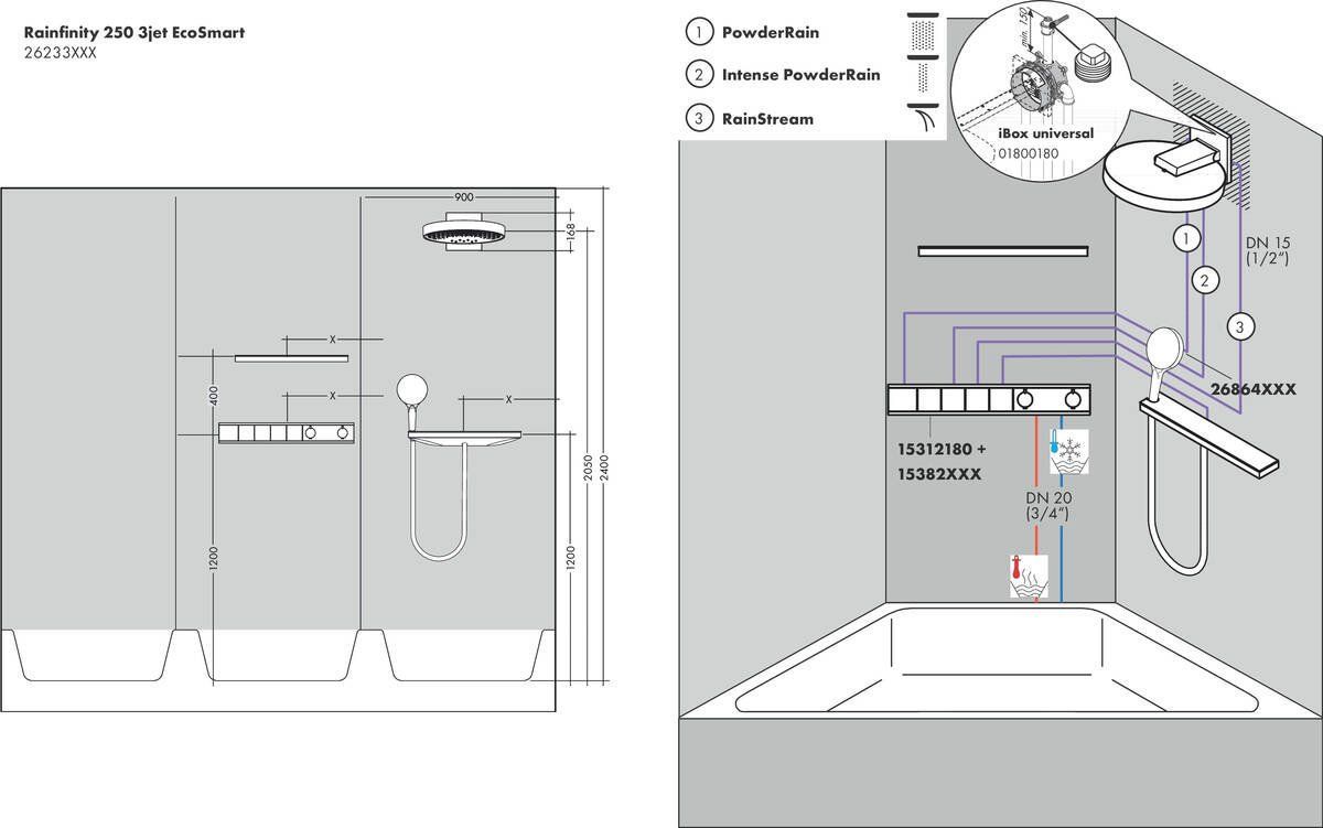 Верхний душ Hansgrohe Rainfinity 250 3je EcoSmart, 26233700