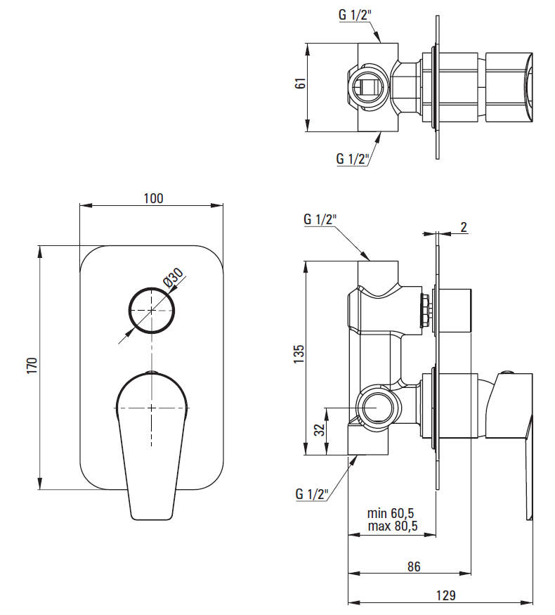 Смеситель скрытого монтажа 2 функции Deante Agava, BQG_045P