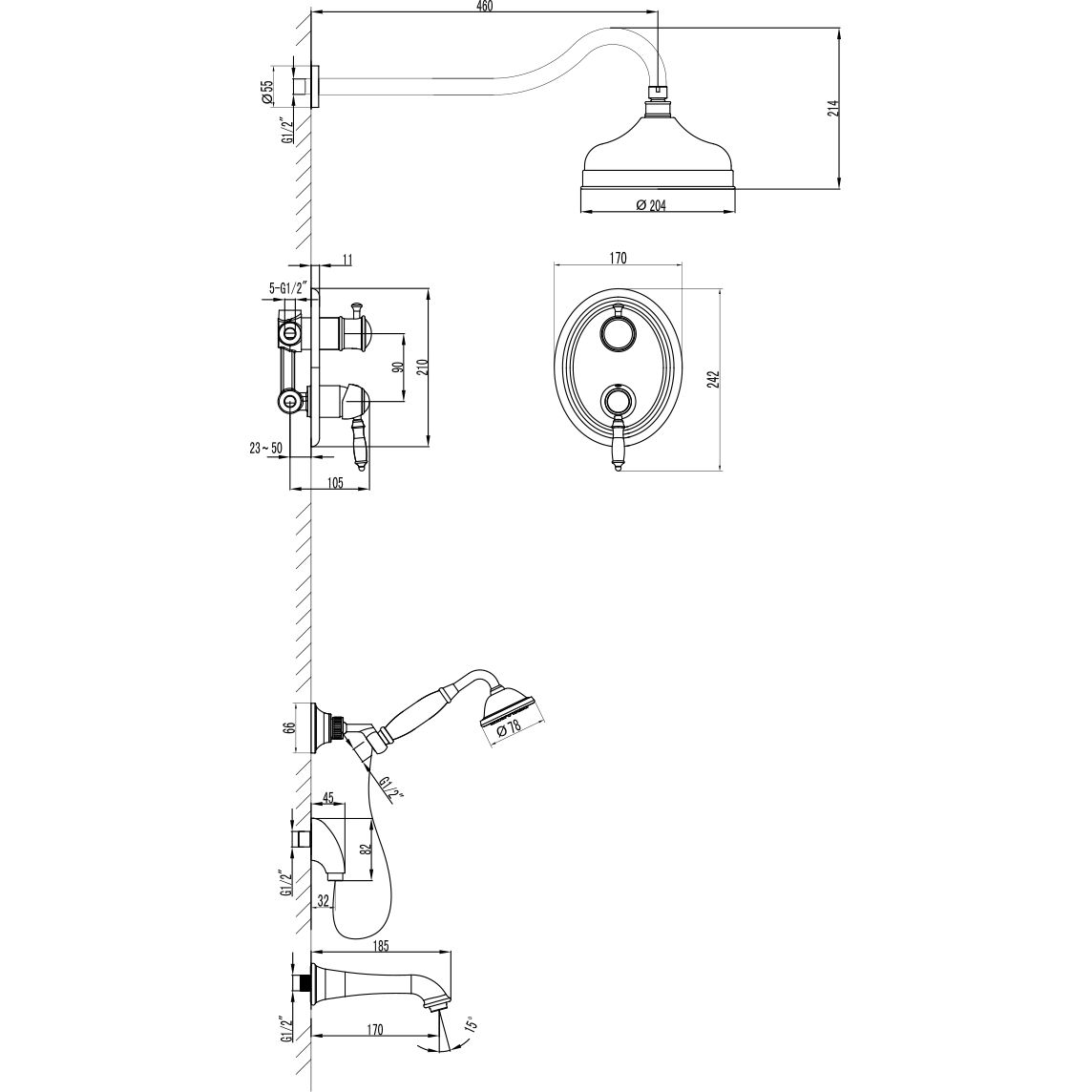 Смеситель для ванны и душа встраиваемый с дополнительной 1-функциональной лейкой Lemark Villa, LM4822C