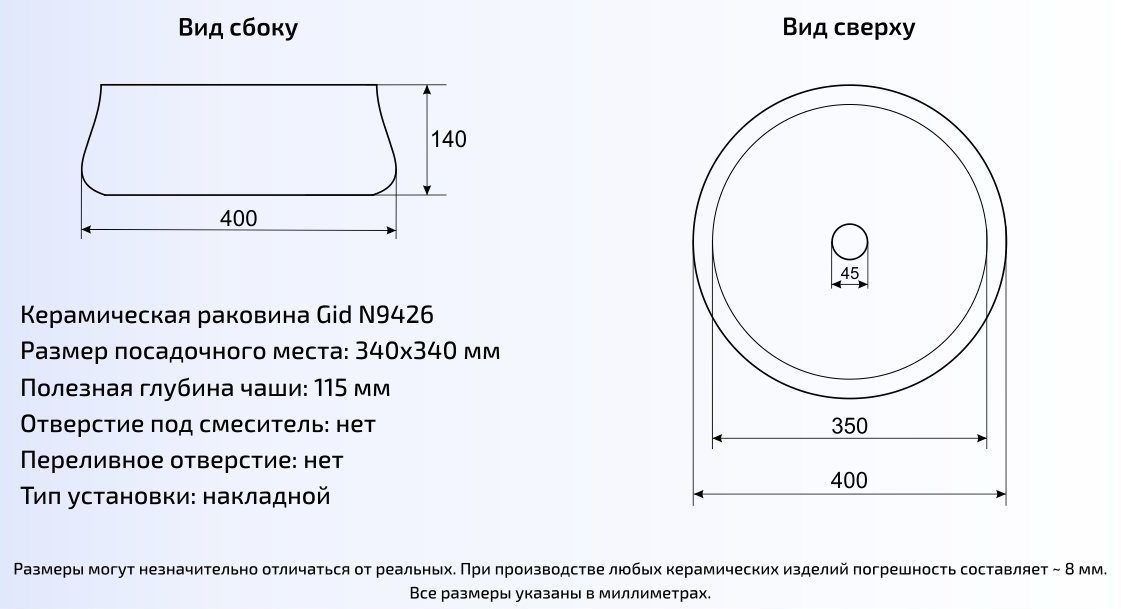 Умывальник Gid N9426 40x40, 51145