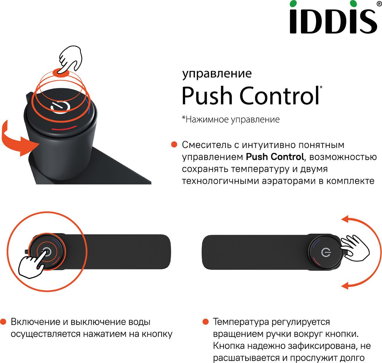 Смеситель для умывальника с управлением Push Control, Iddis Slide, SLIBLBTi01