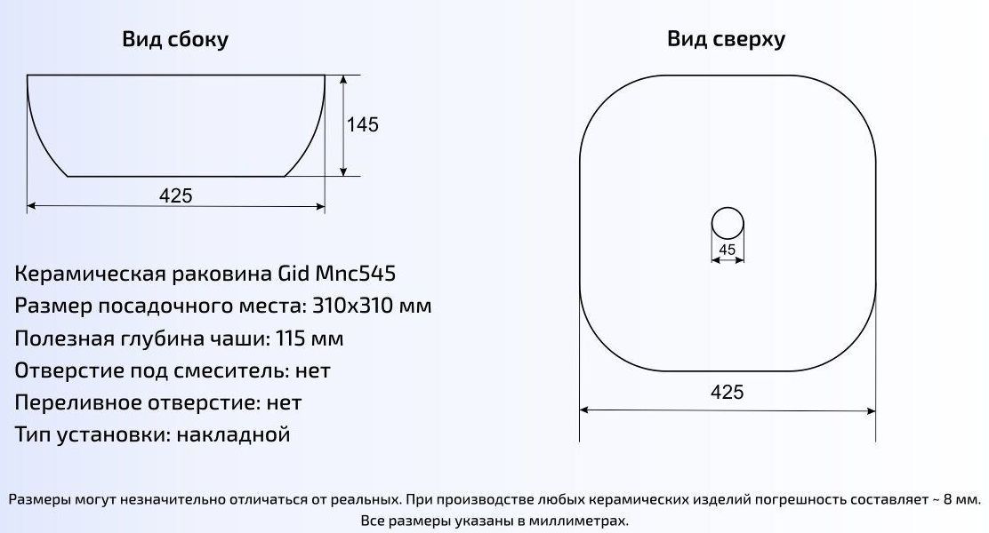Умывальник Gid MNC545 42.5x42.5, 54449