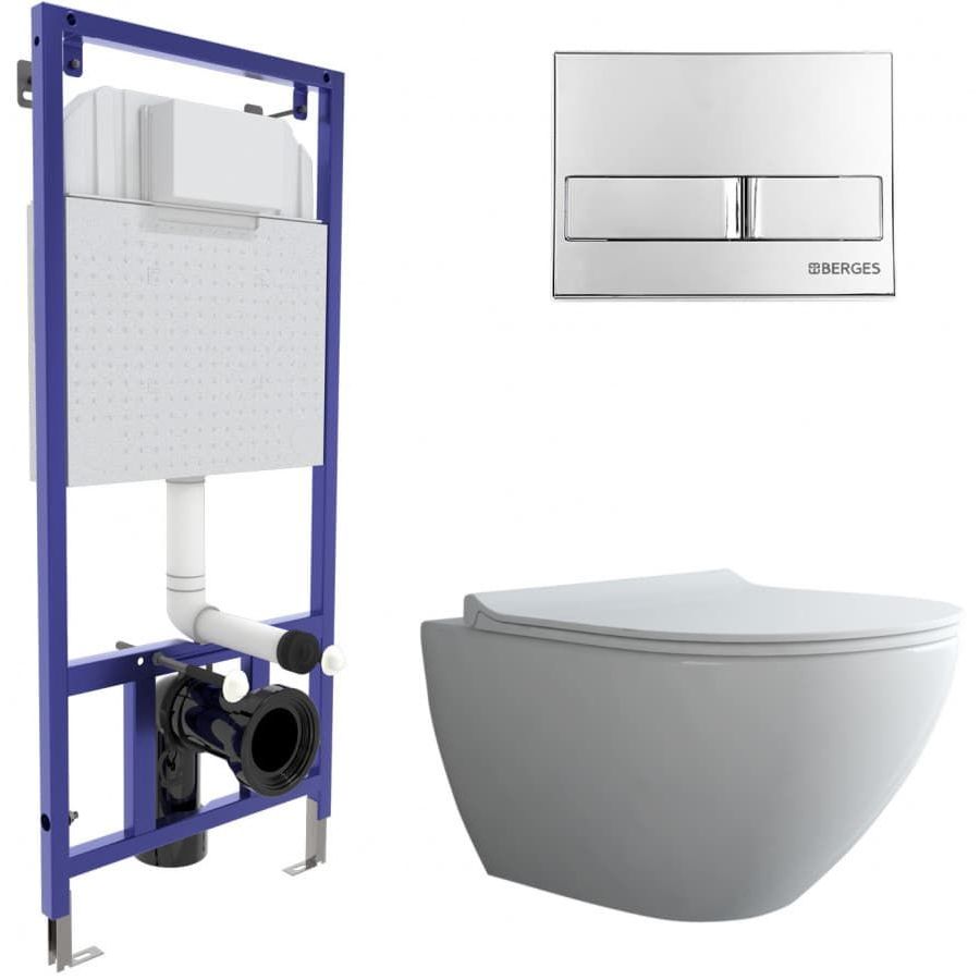 Комплект Berges Novum, кнопка L3 хром глянец, унитаз Puma Rimless, сиденье Toma Slim, 043272