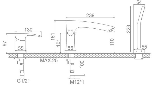 Смеситель врезной в борт ванны Ledeme L1198