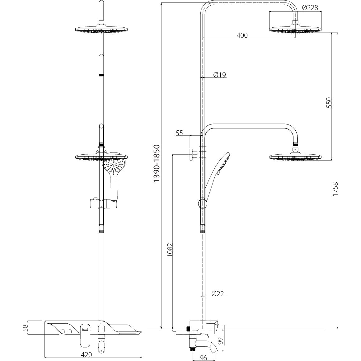 Смеситель для ванны с верхней душевой лейкой с пов. изливом 96 мм Lemark Tropik, LM7003C