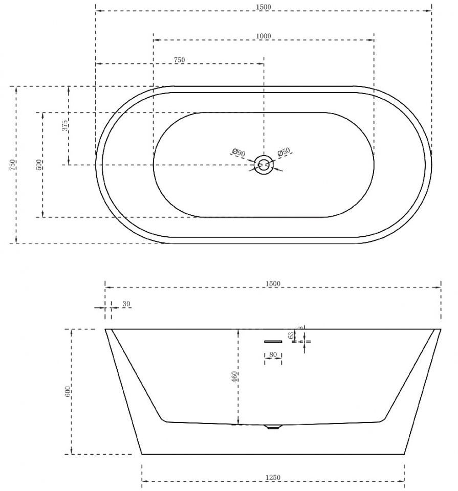 Акриловая ванна Abber 150x75, AB9320-1.5