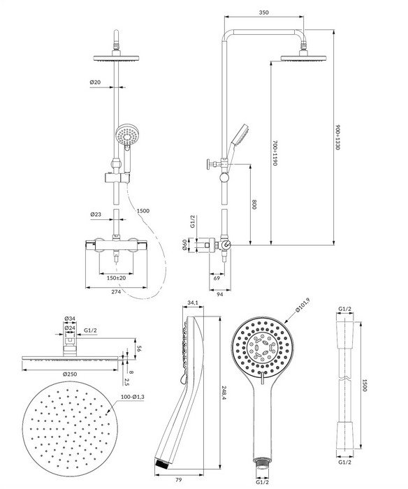 Душевая система термостатическая наружного монтажа Omnires Y, Y1244LUXLCR
