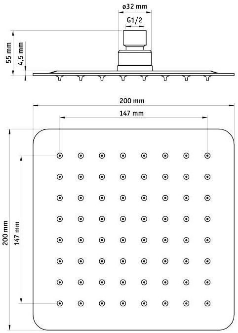 Верхний душ стальной квадратный 200x200 мм Deante Cascada Flox, NAC_005K