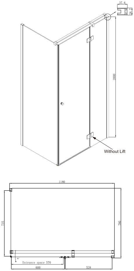 Прямоугольное душевое ограждение с распашной дверью Ambassador Diamond 12011104R
