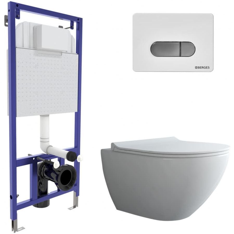 Комплект Berges Novum, кнопка D7 белая/хром, унитаз Puma Rimless, сиденье Toma Slim, 043270
