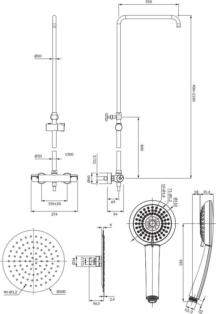 Термостатическая душевая система наружного монтажа Omnires Y, Y1244X/6CR