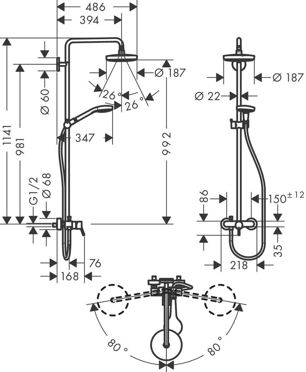 Душевая стойка со смесителем Hansgrohe Croma Select S 180 2jet Showerpipe, 27255400