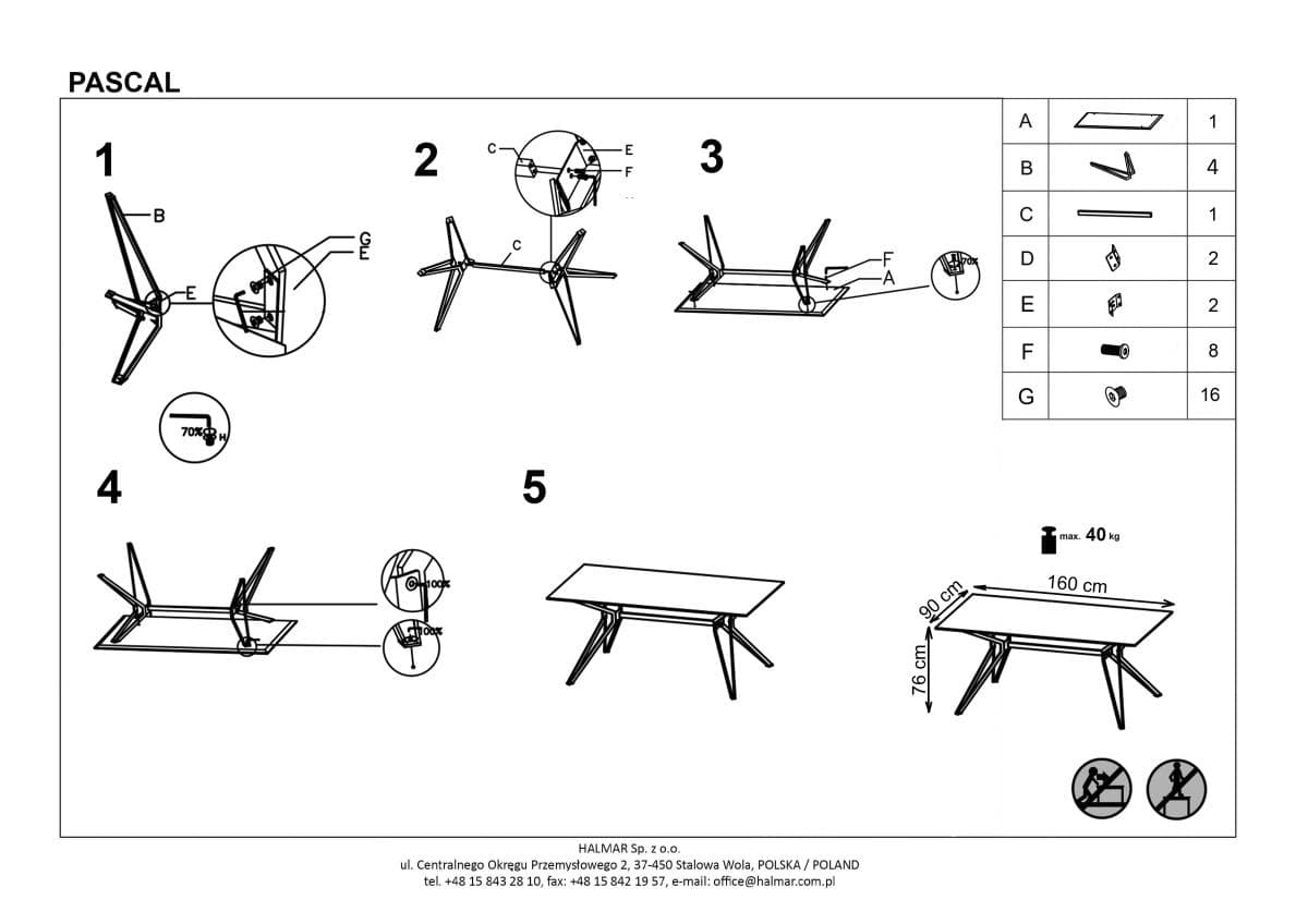 Стол обеденный Halmar Pascal бело-черный, V-CH-PASCAL-ST-160