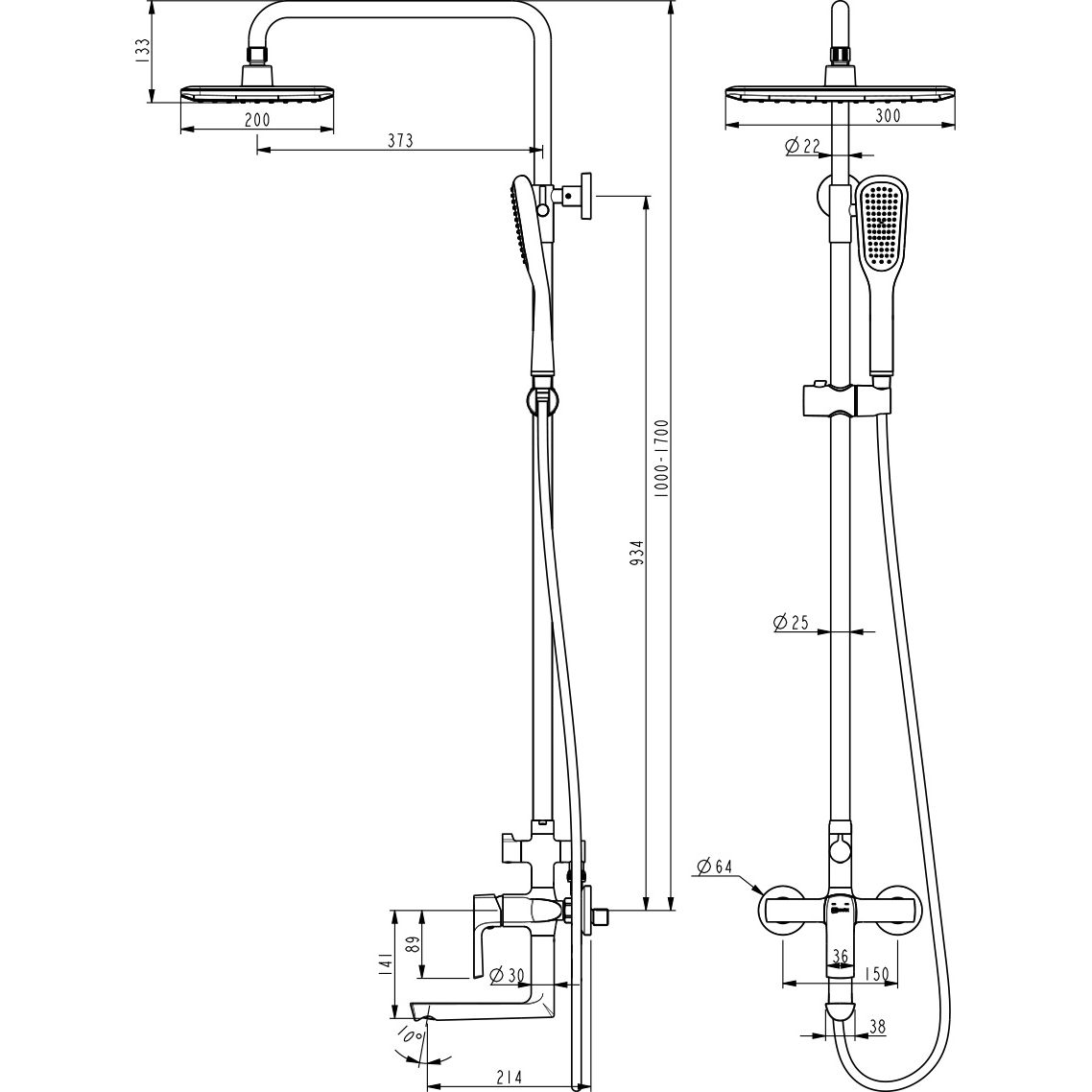 Смеситель для ванны и душа с верхней душевой лейкой с 1-функциональной лейкой Lemark Ursus, LM7262BL