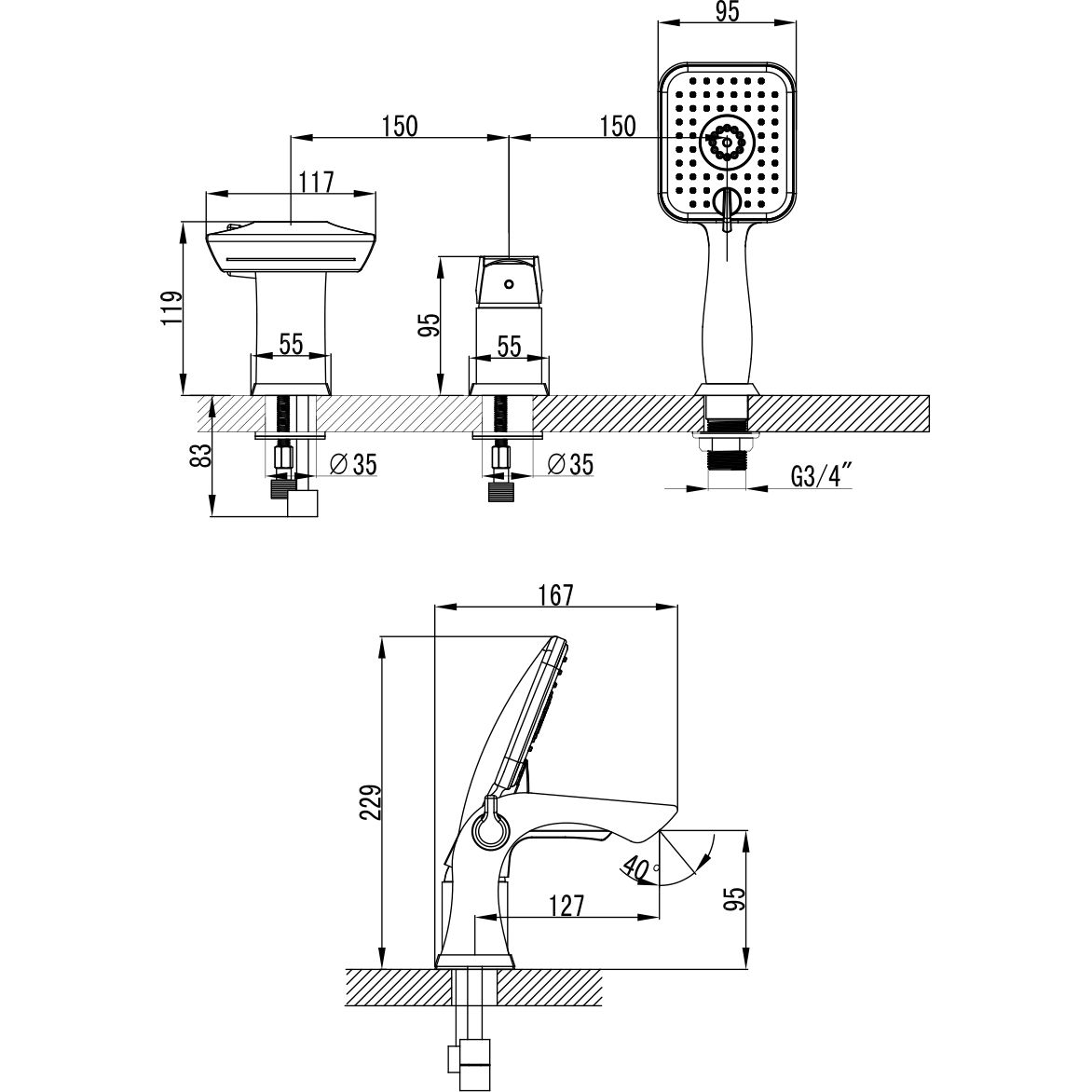 Смеситель для ванны встраиваемый на 3 отверстия с аксессуарами Lemark Unit, LM4545C