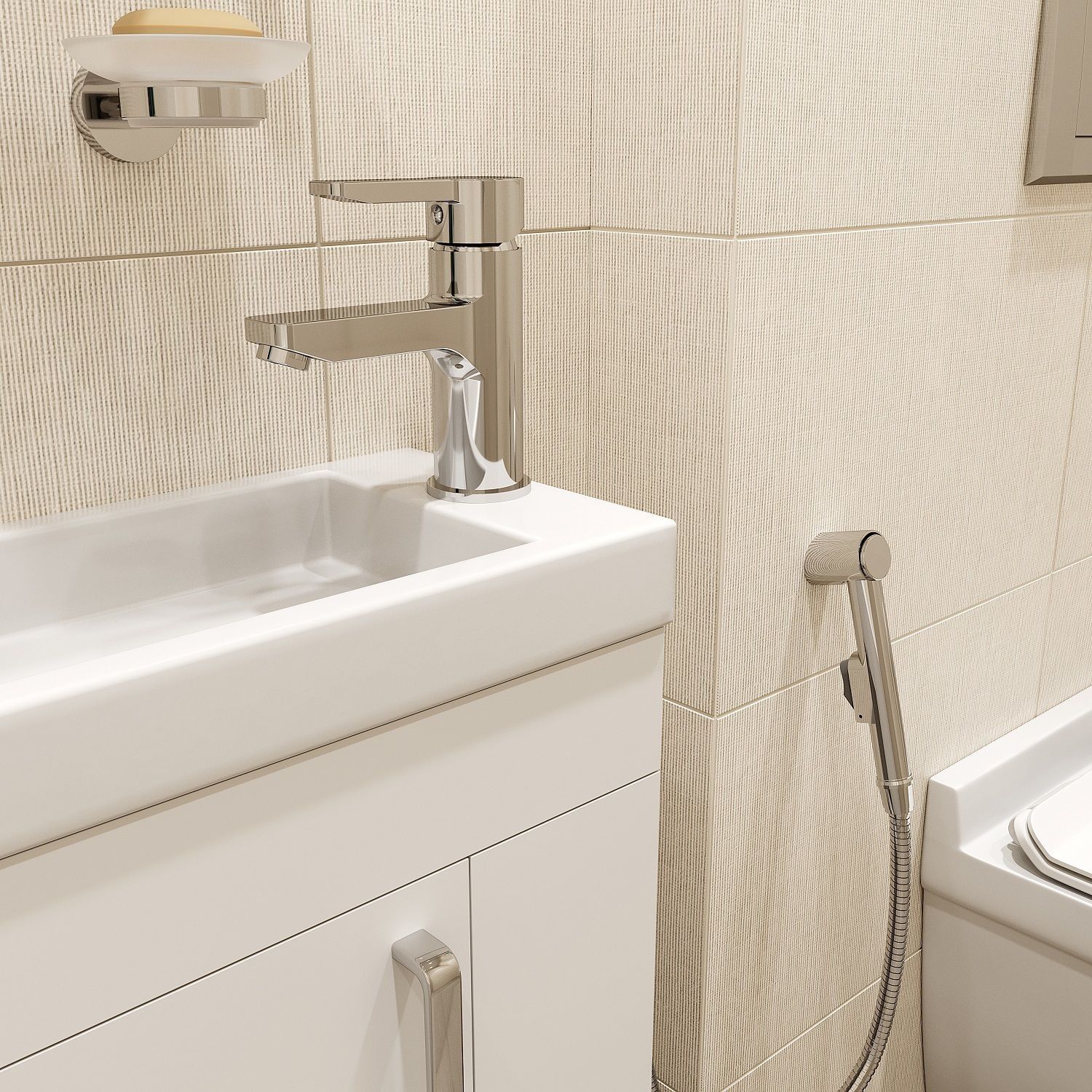 Смеситель для умывальника с гигиеническим душем, Iddis Sena, SENSB00i08