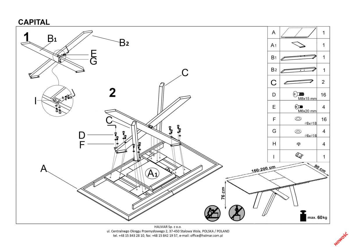 Стол обеденный Halmar Capital 2 раскладной дуб натуральный/черный, V-CH-CAPITAL_2-ST