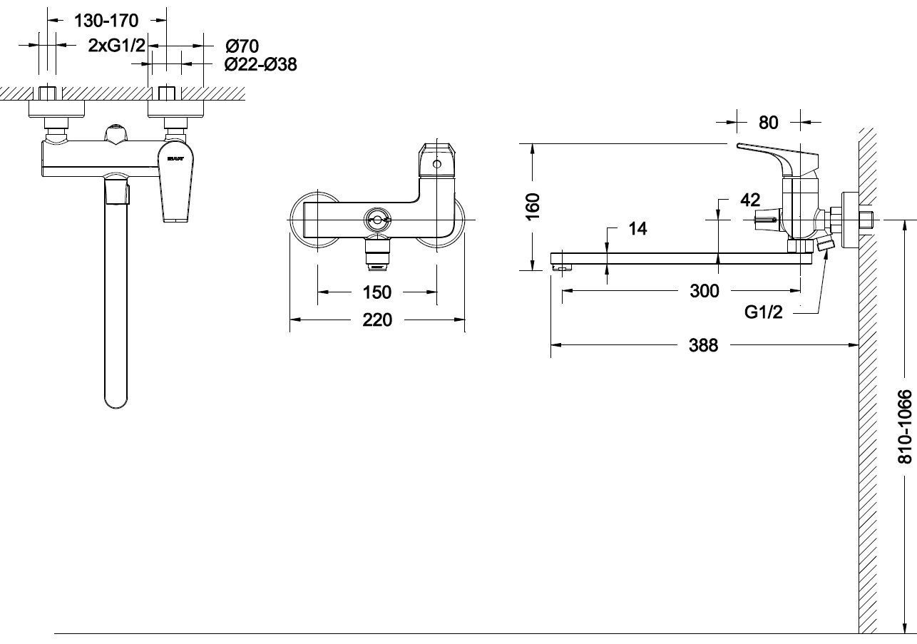 Смеситель для ванны и раковины Bravat Vega F6119177CP-01L