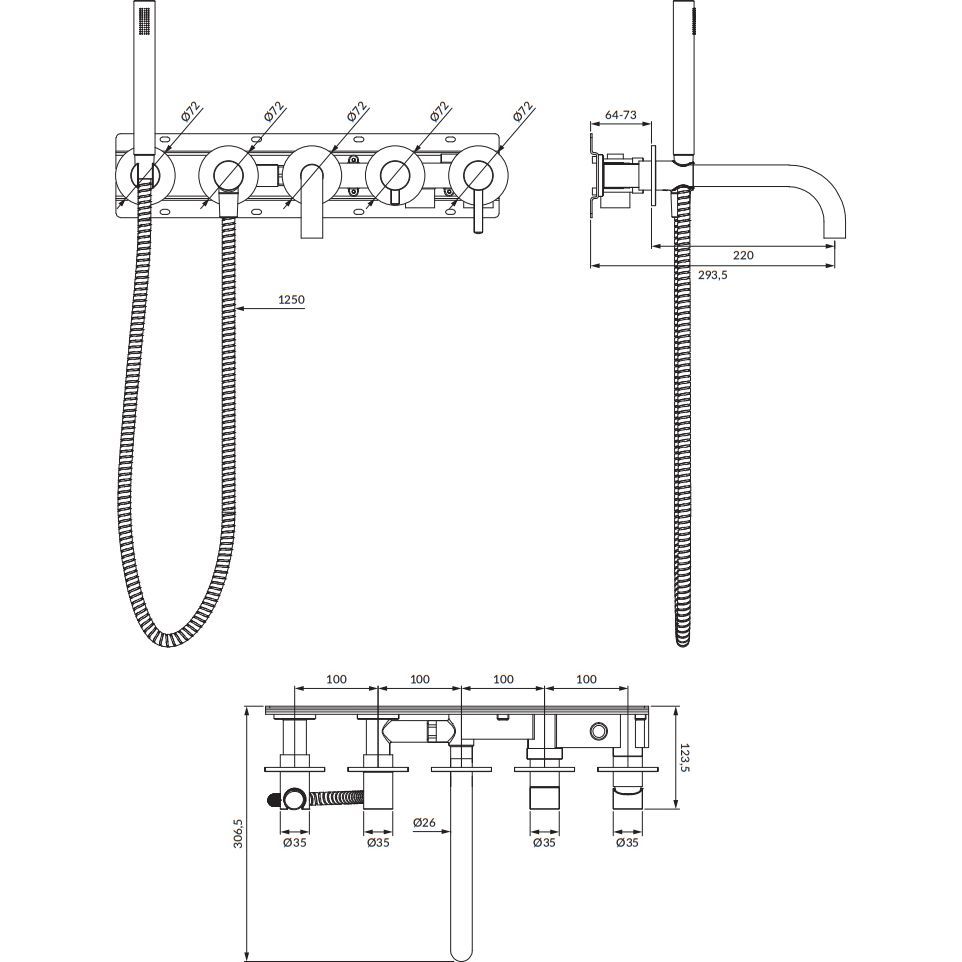 Cмеситель для ванны скрытого монтажа на 5 отверстий Omnires Y, Y1237/1CR