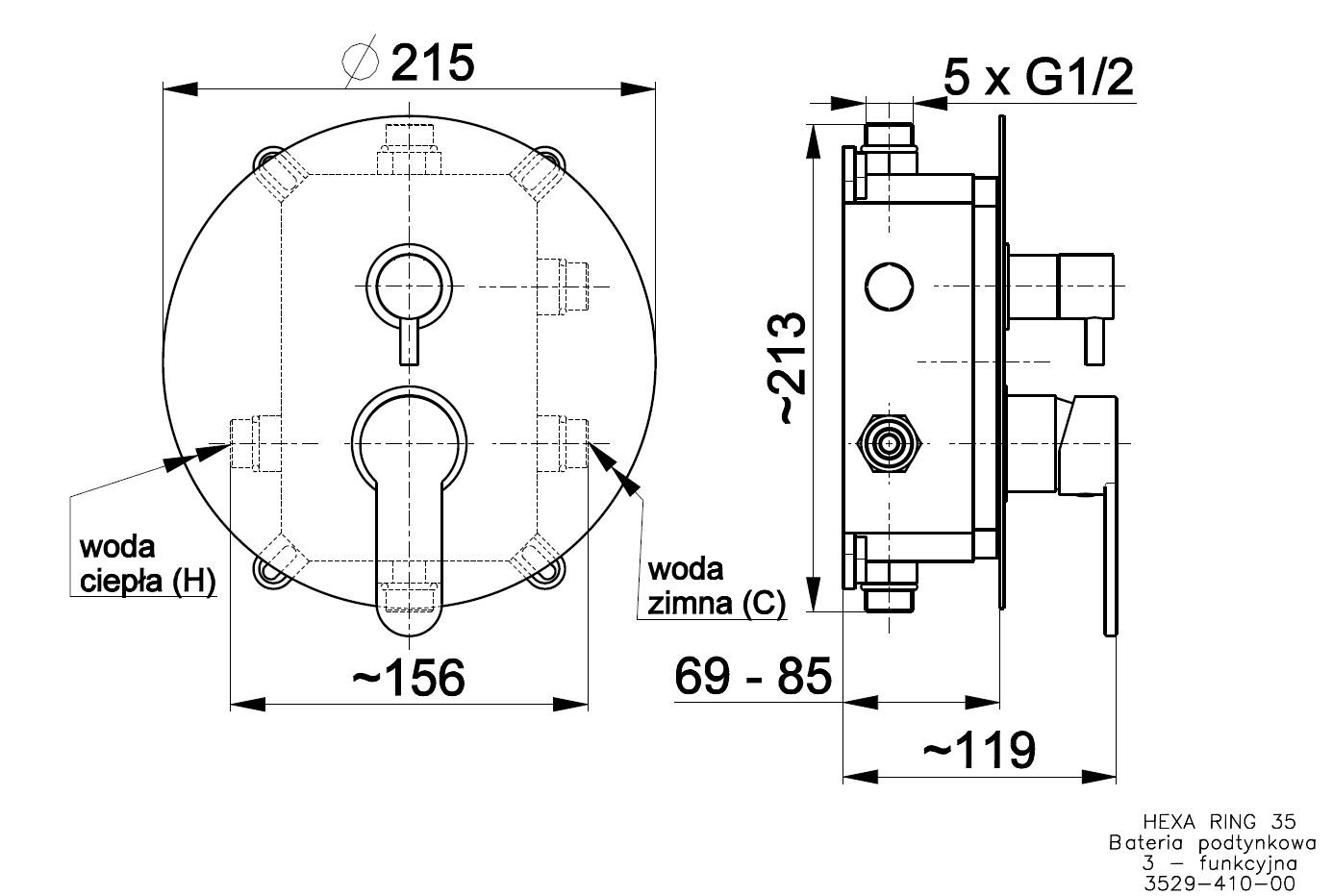 Смеситель скрытого монтажа 3 функции Armatura Hexa Ring 35, 3529-410-00