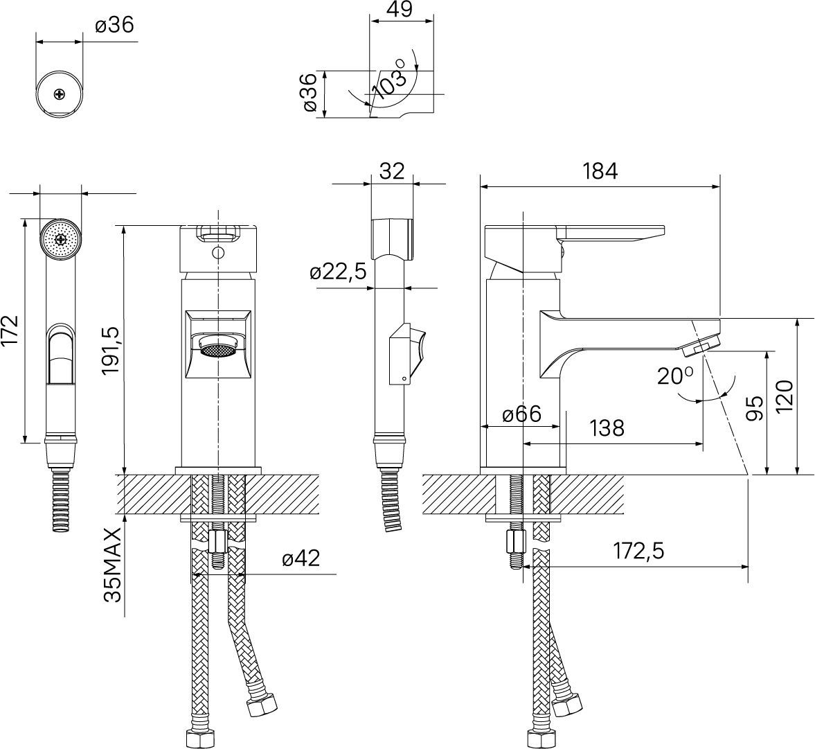 Смеситель для умывальника с гигиеническим душем, Iddis Sena, SENSB00i08