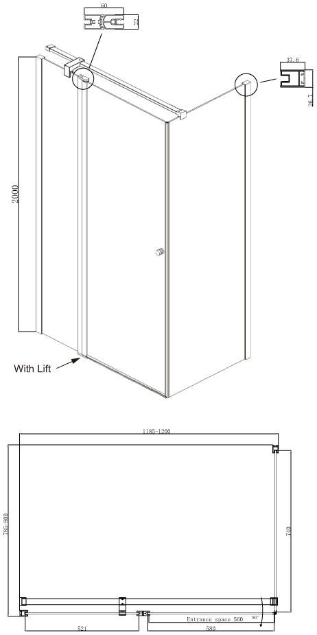 Прямоугольное душевое ограждение с распашной дверью Ambassador Nord 13011107