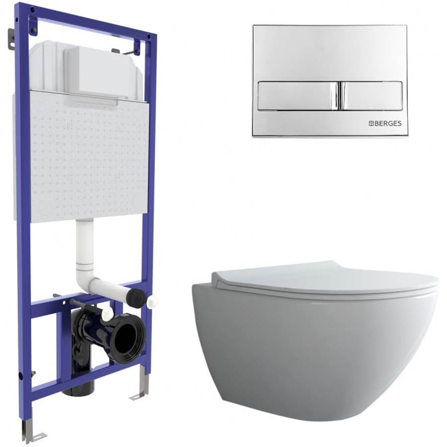 Комплект Berges Novum, кнопка L3 хром глянец, унитаз Puma XXL Rimless, сиденье Toma Slim, 043245