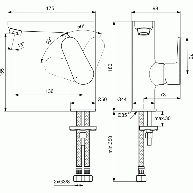 Смеситель для раковины рукоятка сбоку Ideal Standard Cerafine O, BC555AA
