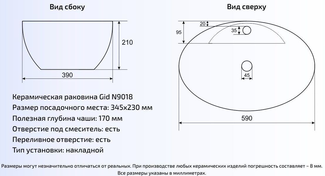 Умывальник Gid N9018 59x39, 51107