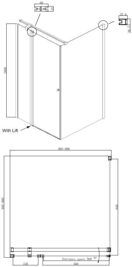 Квадратное душевое ограждение с распашной дверью и неподвижной частью Ambassador Nord 13011105