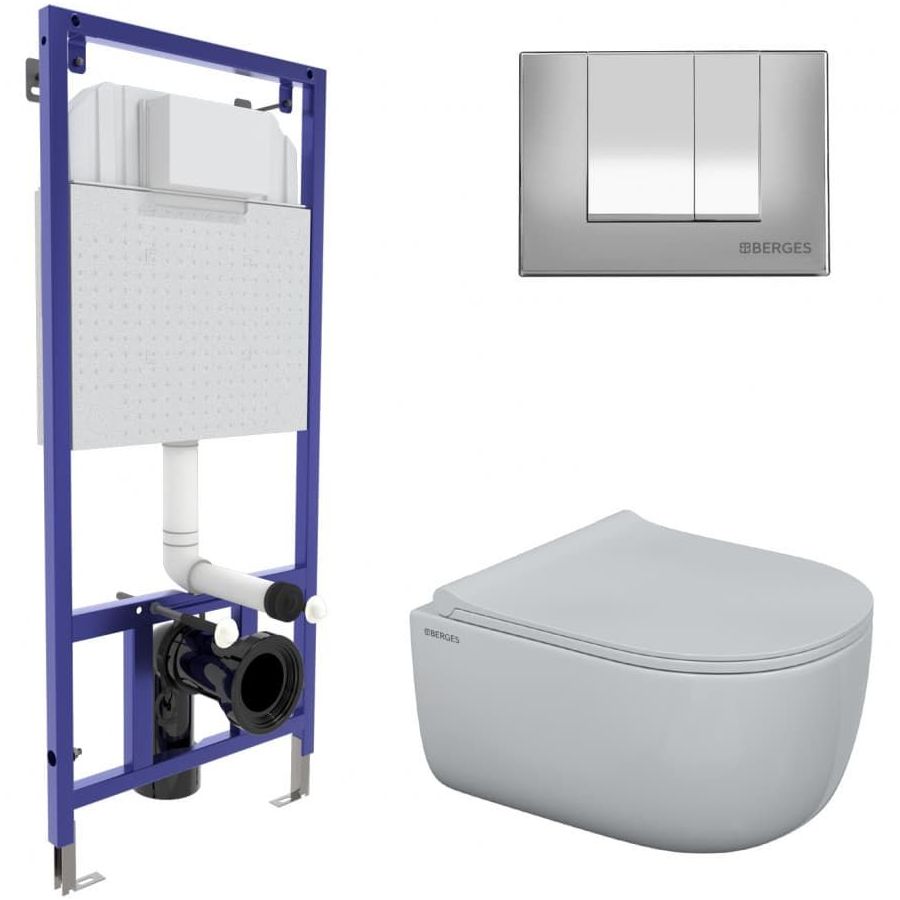 Комплект Berges Novum, кнопка S3 хром глянец, унитаз Ego Rimless, сиденье Toma Slim, 047243