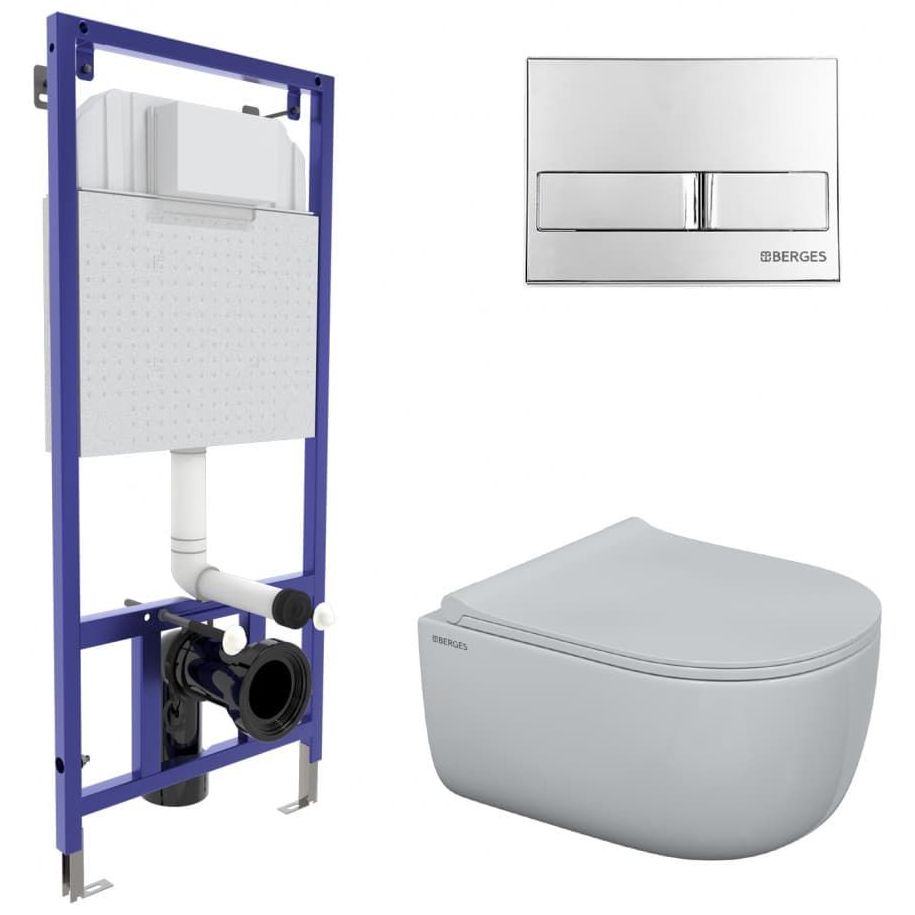 Комплект Berges Novum, кнопка L3 хром глянец, унитаз Ego Rimless, сиденье Toma Slim, 047213