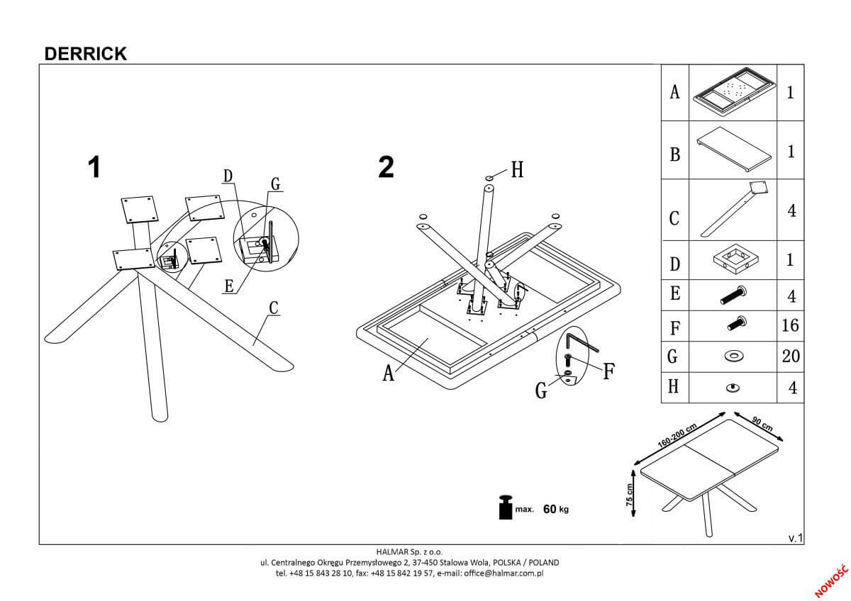 Стол обеденный Halmar Derrick раскладной дуб натуральный/черный, V-CH-DERRICK-ST