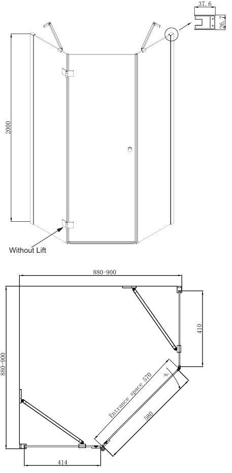 Пятиугольное душевое ограждение с распашной дверью Ambassador Diamond 12011111L