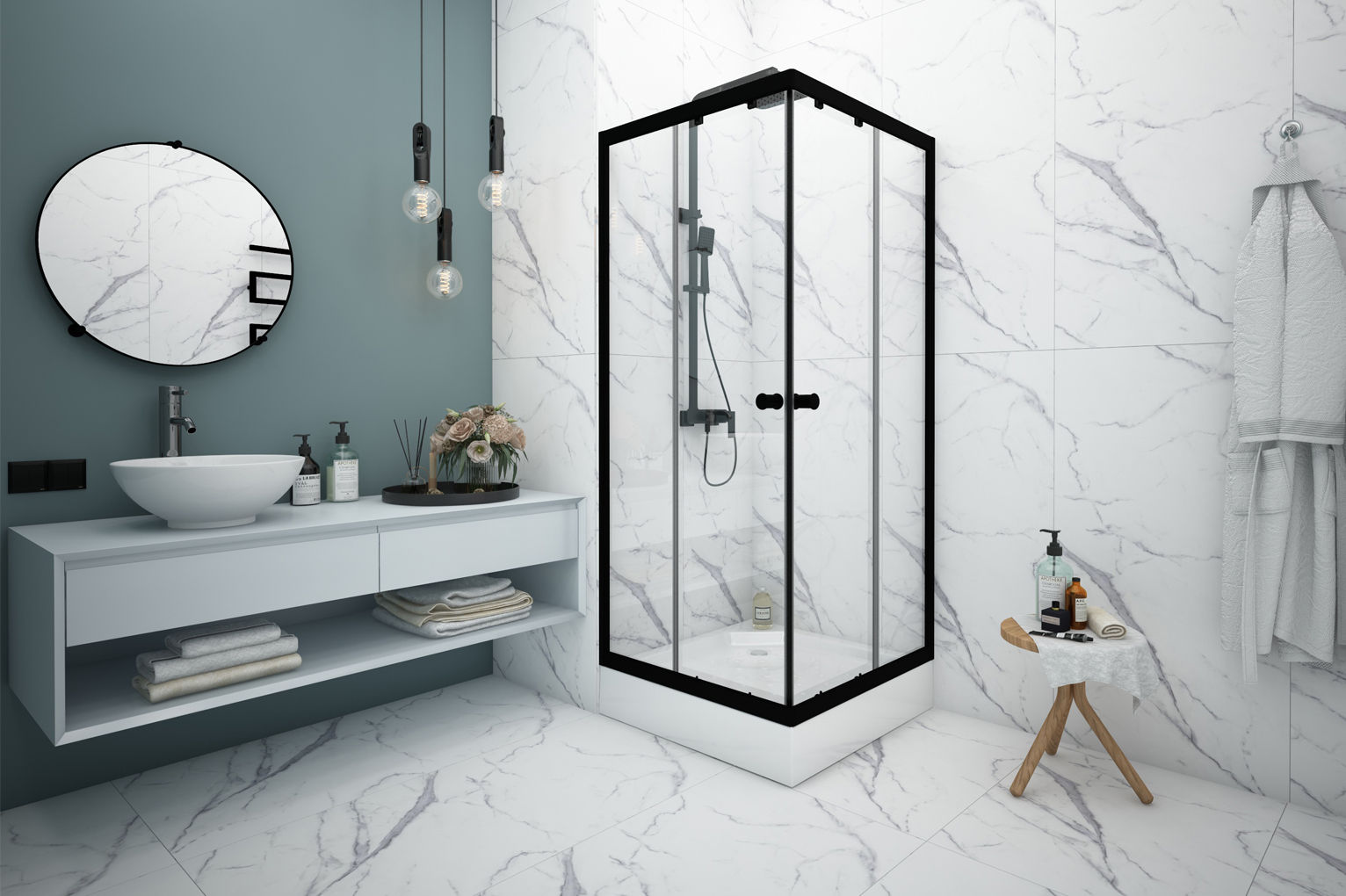 Квадратный душевой уголок Метакам Universal Black (прозрачное стекло)