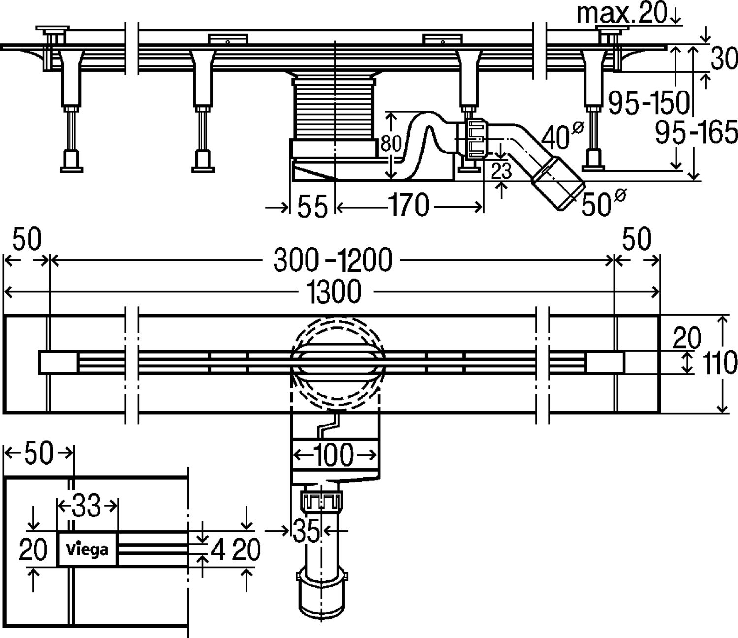 Душевой лоток Viega Advantix Vario с матовой вставкой SR1, 30-120 см, 704353