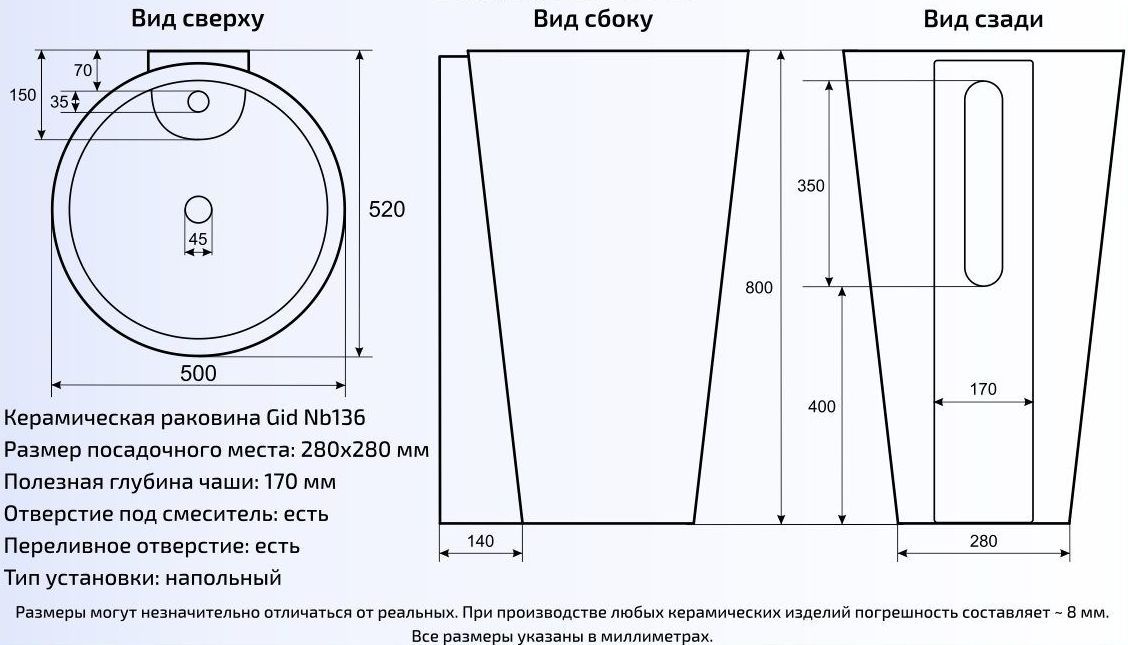 Умывальник Gid NB136 50x53, 81105