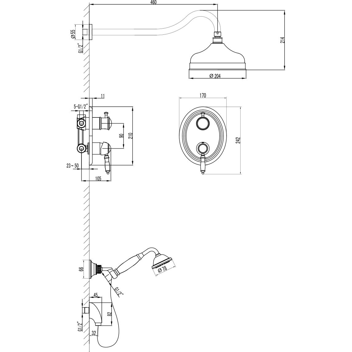 Смеситель для душа встраиваемый с дополнительной 1-функциональной лейкой Lemark Villa, LM4829B
