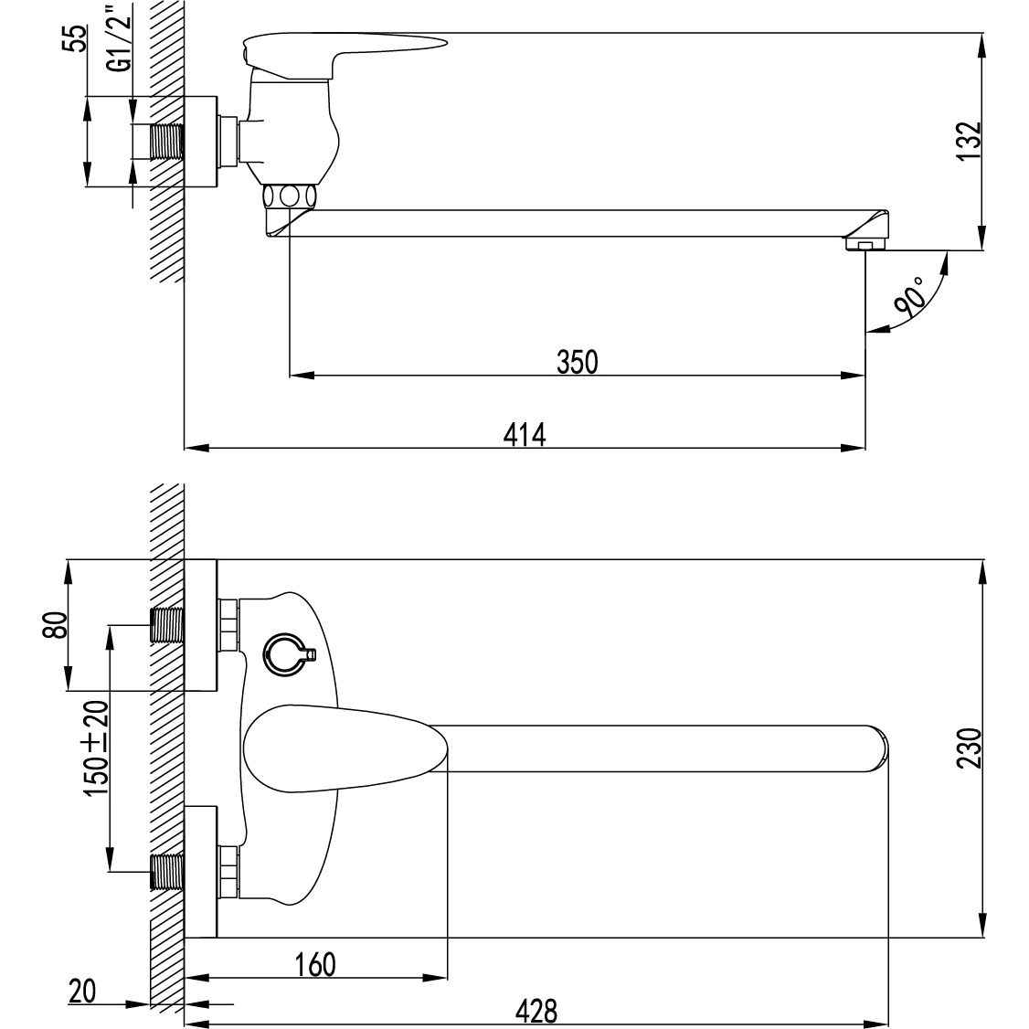 Смеситель универсальный с плоским изливом 350 мм Lemark Status, LM4417C